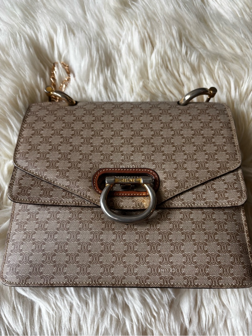 Vintage Celine Tan Triomphe Signature Shoulder Bag